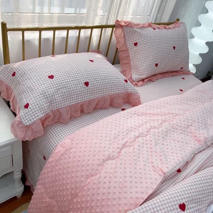 91家纺网 家纺一手货源 找家纺 暖居 2025新款法式纯棉砂洗棉花床盖三件套同款豆豆被双面纯棉被套 小美好