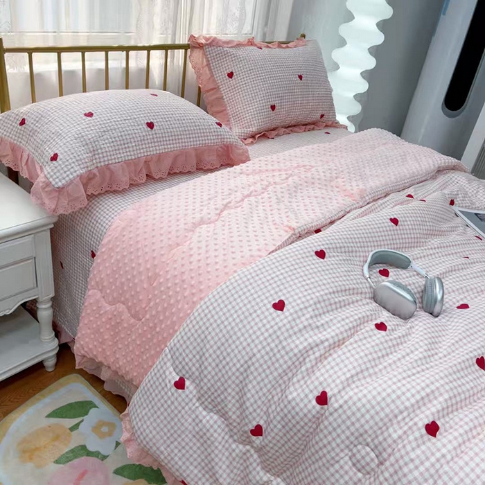 91家纺网 家纺一手货源 找家纺 暖居 2025新款法式纯棉砂洗棉花床盖三件套同款豆豆被双面纯棉被套 小美好