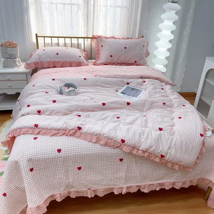 91家纺网 家纺一手货源 找家纺 暖居 2025新款法式纯棉砂洗棉花床盖三件套同款豆豆被双面纯棉被套 小美好