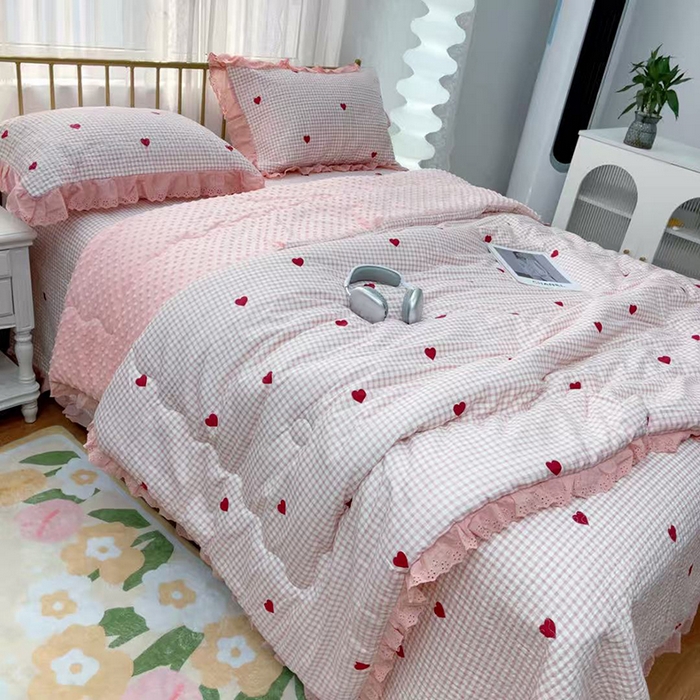 91家纺网 家纺一手货源 找家纺 暖居 2025新款法式纯棉砂洗棉花床盖三件套同款豆豆被双面纯棉被套 小美好