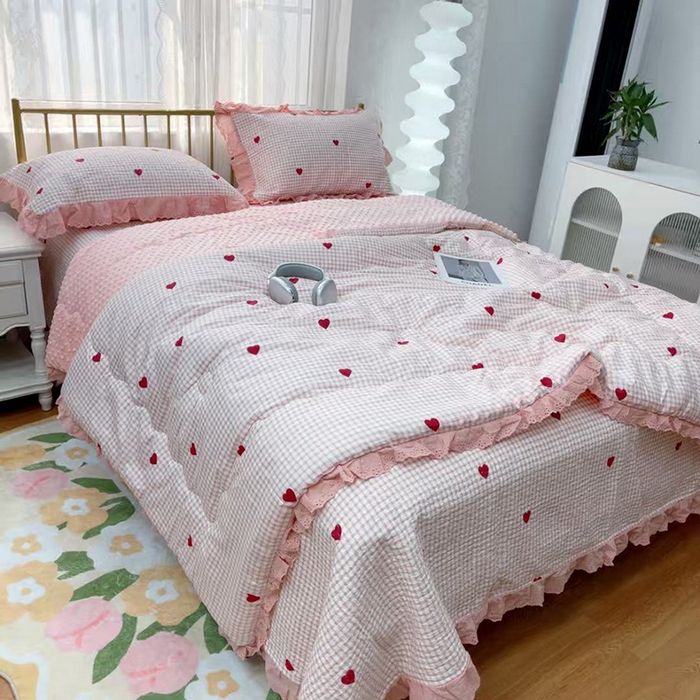 91家纺网 家纺一手货源 找家纺 暖居 2025新款法式纯棉砂洗棉花床盖三件套同款豆豆被双面纯棉被套 小美好