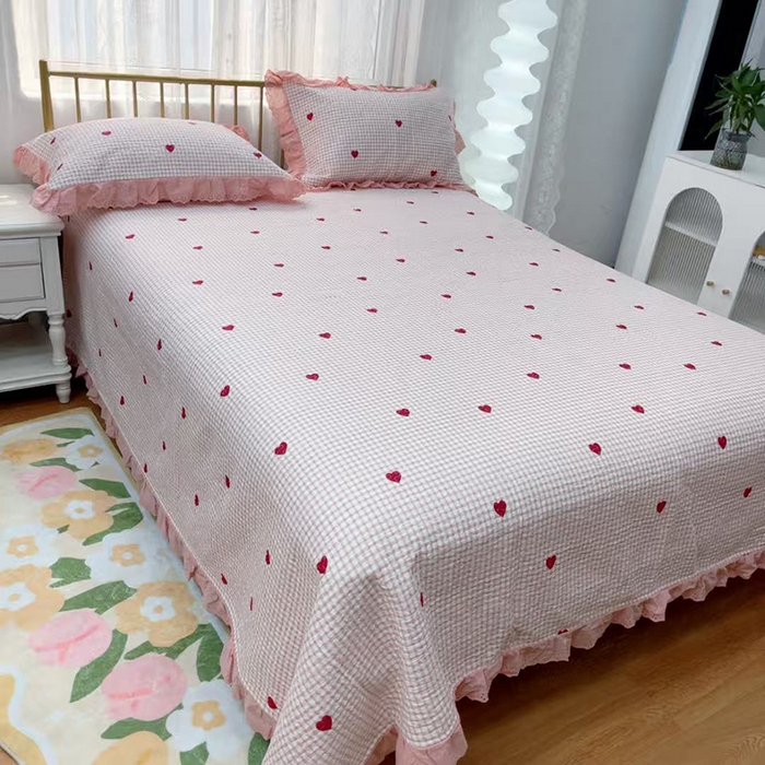 91家纺网 家纺一手货源 找家纺 暖居 2025新款法式纯棉砂洗棉花床盖三件套同款豆豆被双面纯棉被套 小美好