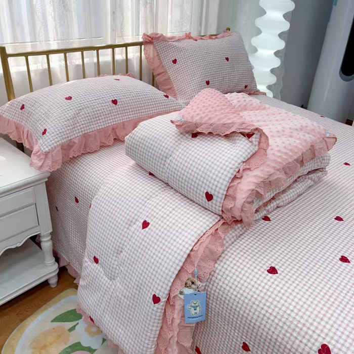 91家纺网 家纺一手货源 找家纺 暖居 2025新款法式纯棉砂洗棉花床盖三件套同款豆豆被双面纯棉被套 小美好