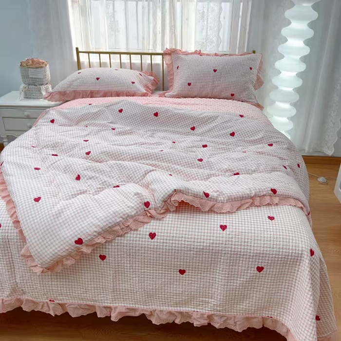 91家纺网 家纺一手货源 找家纺 暖居 2025新款法式纯棉砂洗棉花床盖三件套同款豆豆被双面纯棉被套 小美好