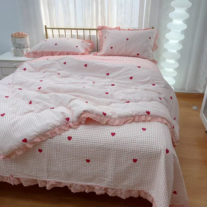 91家纺网 家纺一手货源 找家纺 暖居 2025新款法式纯棉砂洗棉花床盖三件套同款豆豆被双面纯棉被套 小美好