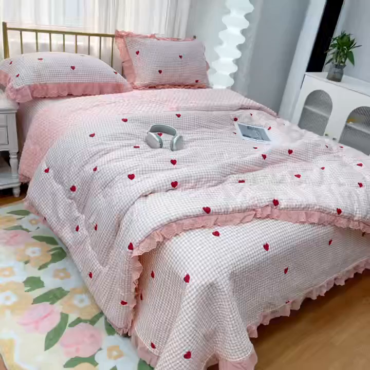 91家纺网 家纺一手货源 找家纺 暖居 2025新款法式纯棉砂洗棉花床盖三件套同款豆豆被双面纯棉被套 小美好