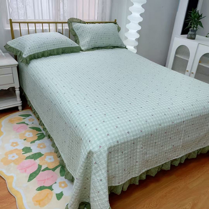 91家纺网 家纺一手货源 找家纺 暖居 2025新款法式纯棉砂洗棉花床盖三件套同款豆豆被双面纯棉被套 樱桃格子绿