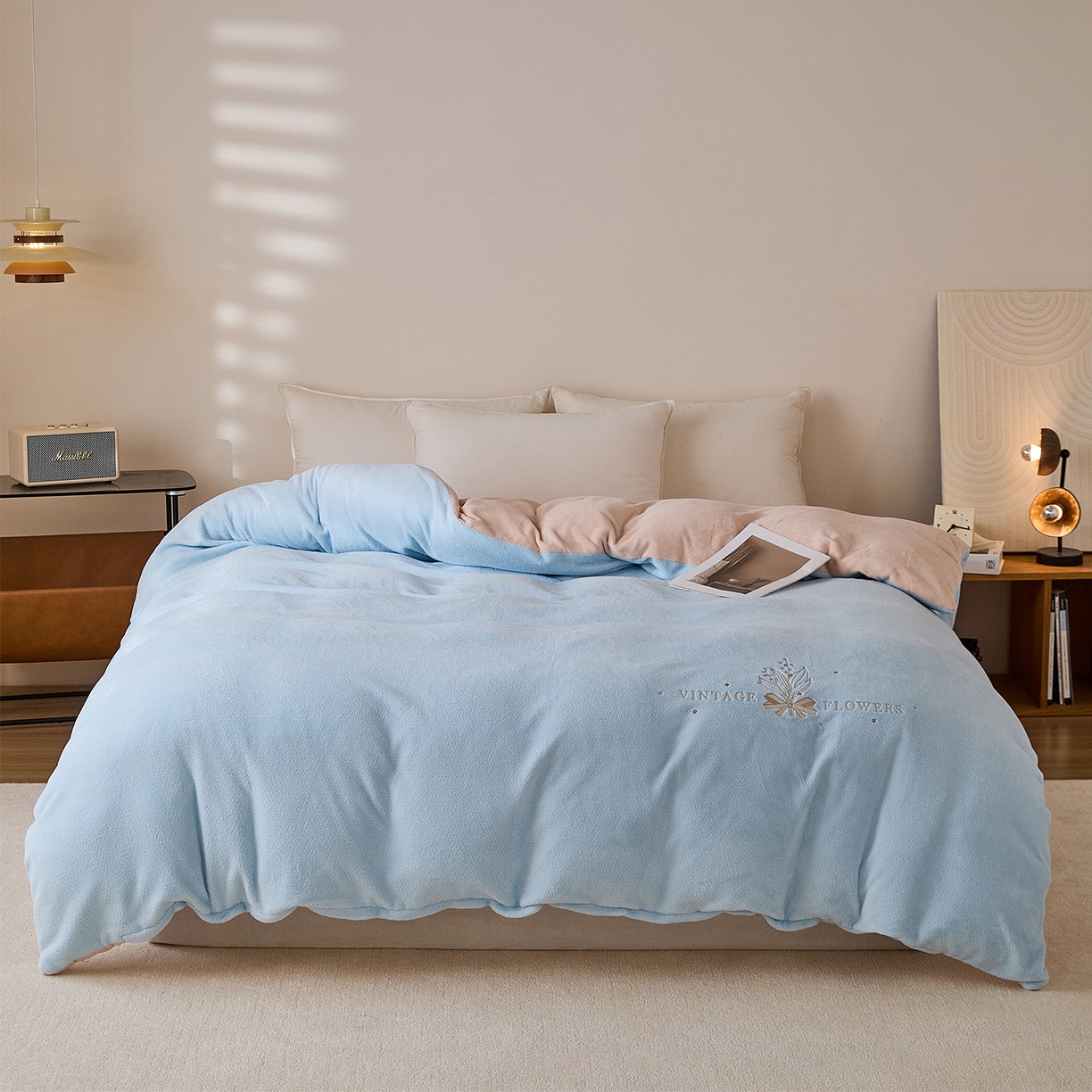 锦罗绣 2025新款雪尼绒艾尼绒230克全消光绣花系列单被套 清新蓝+卡其