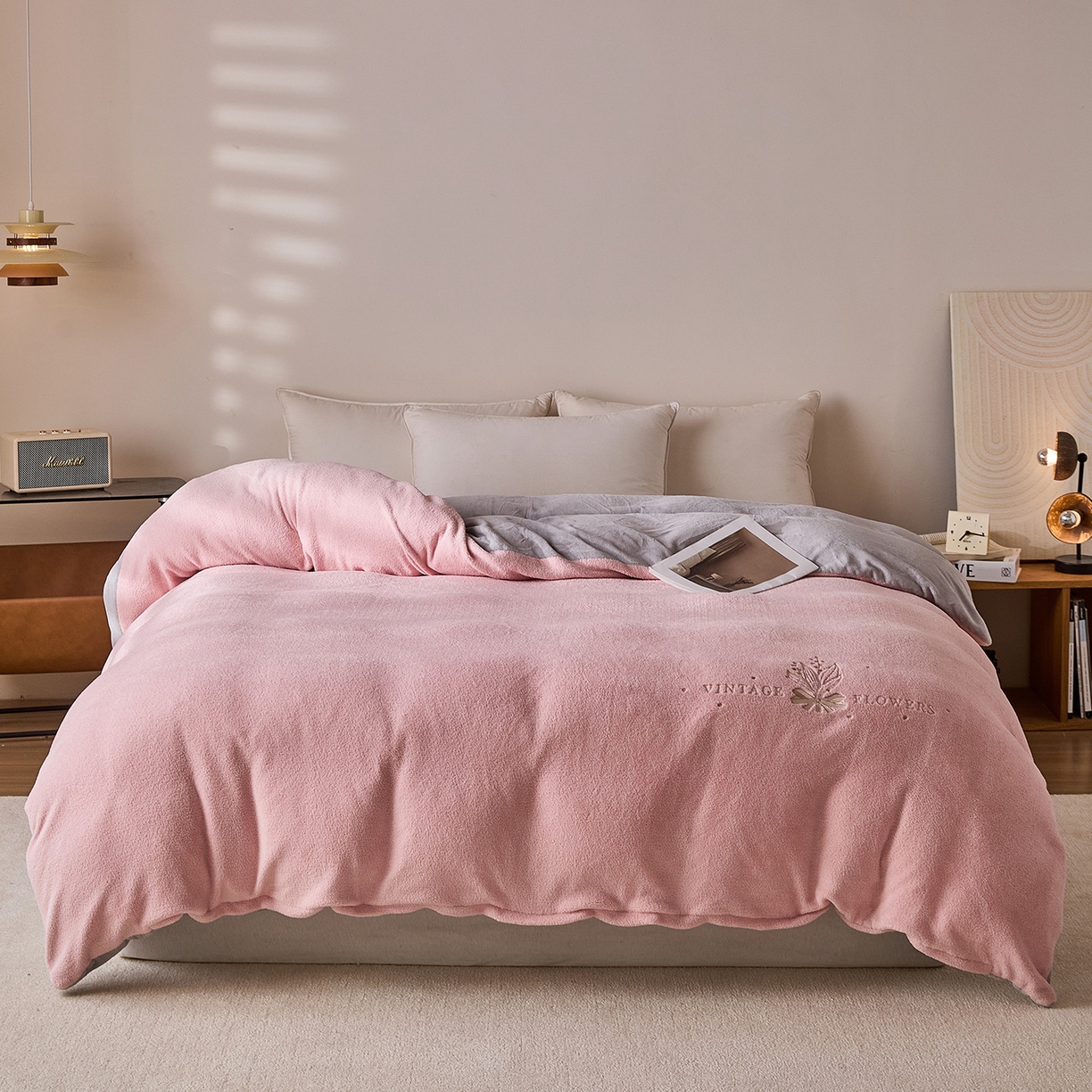 锦罗绣 2025新款雪尼绒艾尼绒230克全消光绣花系列单被套  玉粉+帝灰