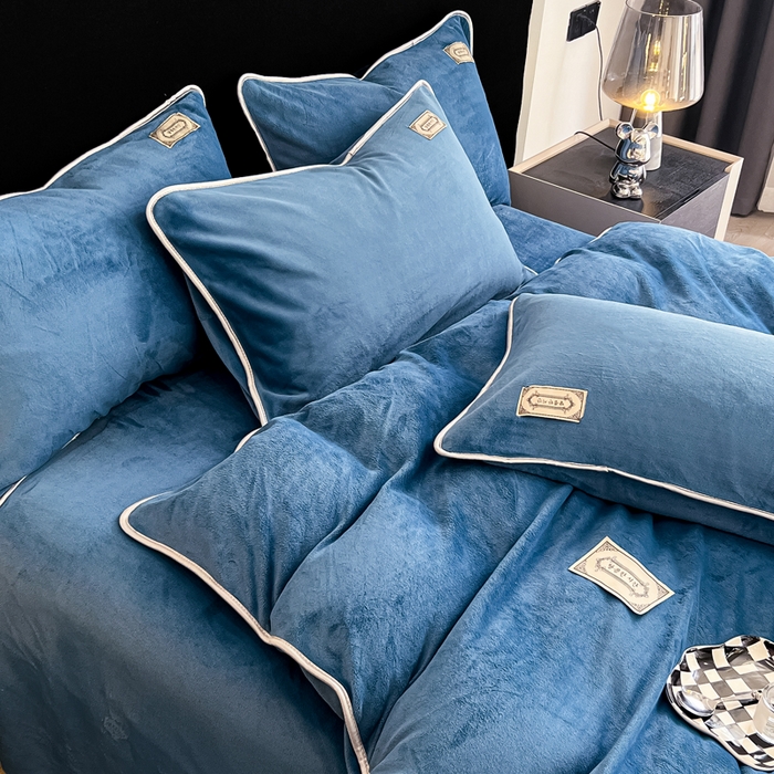 91家纺网 家纺一手货源 找家纺 眠博士 2025新款时尚款牛奶绒加厚保暖四件套四件套 时尚款-靛青