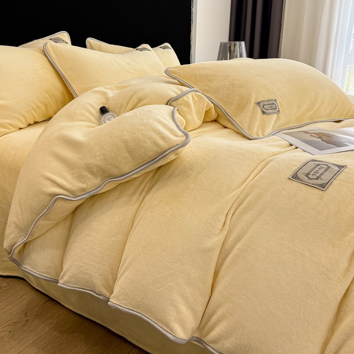 91家纺网 家纺一手货源 找家纺 眠博士 2025新款时尚款牛奶绒加厚保暖四件套四件套 时尚款-鹅黄