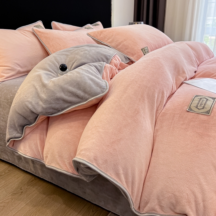 眠博士 2025新款时尚款牛奶绒加厚保暖四件套四件套 时尚款-粉拼灰