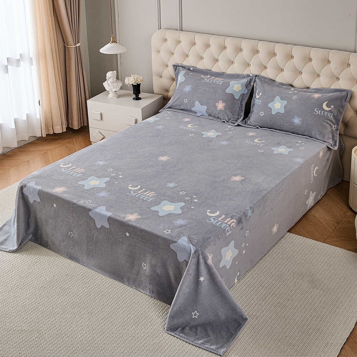 91家纺网 家纺一手货源 找家纺 锦罗绣 2025新款230克牛奶绒印花单床单 时光