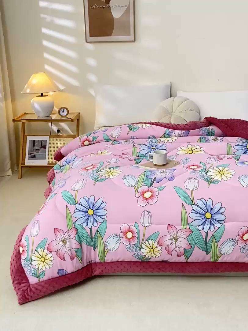 91家纺网 家纺一手货源 找家纺 美梦之都 2025新款A类水洗豆豆绒印花大豆被子被芯 郁金香