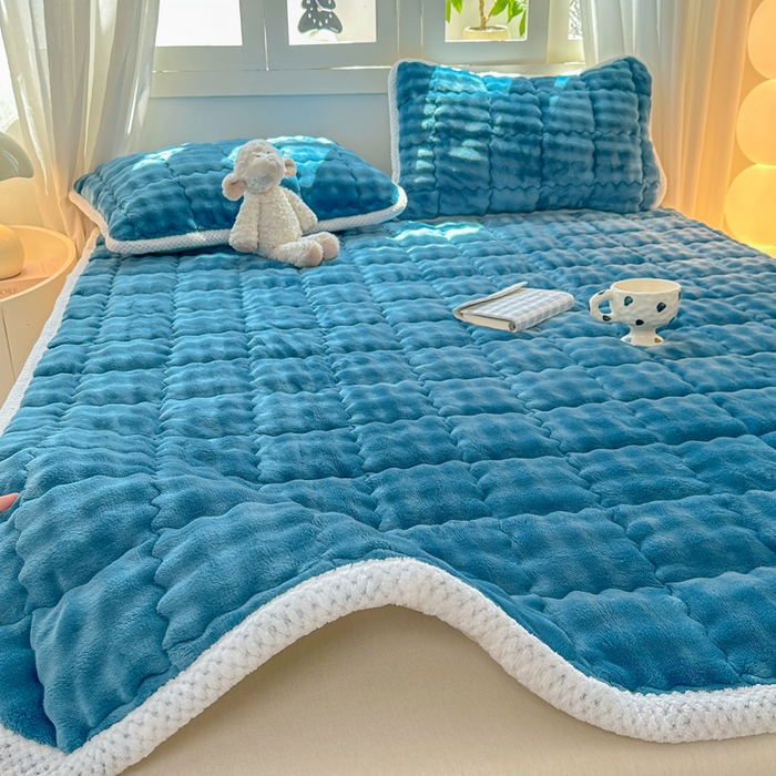 蕾诺家纺 2025新款加厚泡泡兔绒夹棉床垫保护垫 孔雀蓝