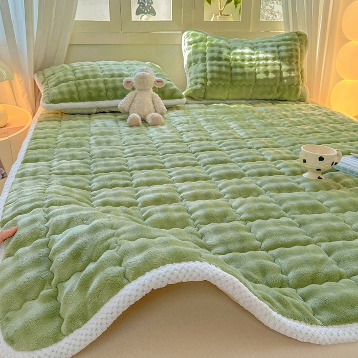 蕾诺家纺 2025新款加厚泡泡兔绒夹棉床垫保护垫 抹茶绿