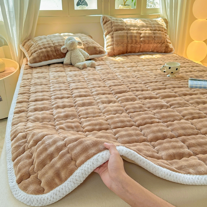 蕾诺家纺 2025新款加厚泡泡兔绒夹棉床垫保护垫 温暖咖