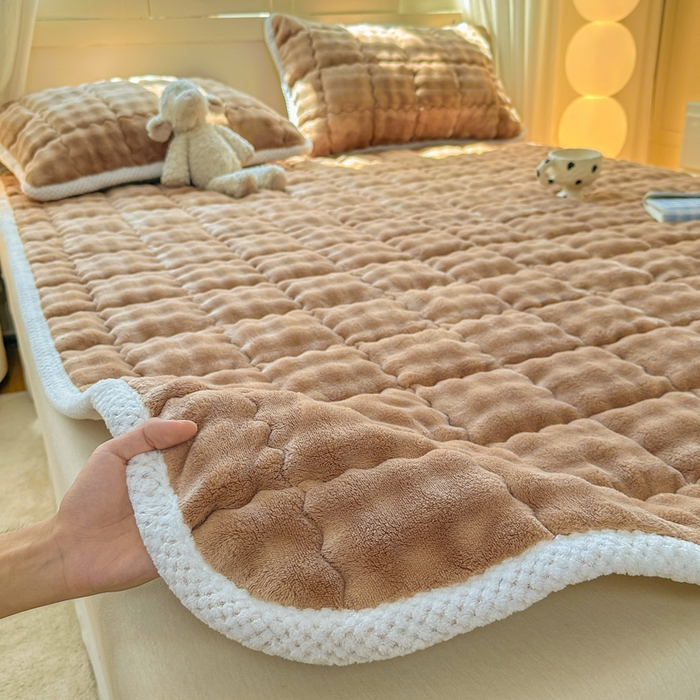 91家纺网 家纺一手货源 找家纺 蕾诺家纺 2025新款加厚泡泡兔绒夹棉床垫保护垫 温暖咖