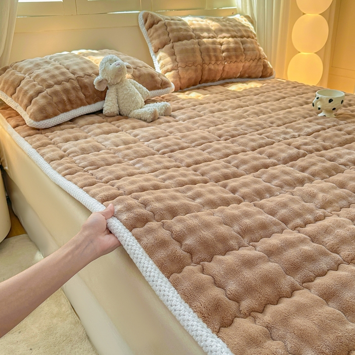 91家纺网 家纺一手货源 找家纺 蕾诺家纺 2025新款加厚泡泡兔绒夹棉床垫保护垫 温暖咖