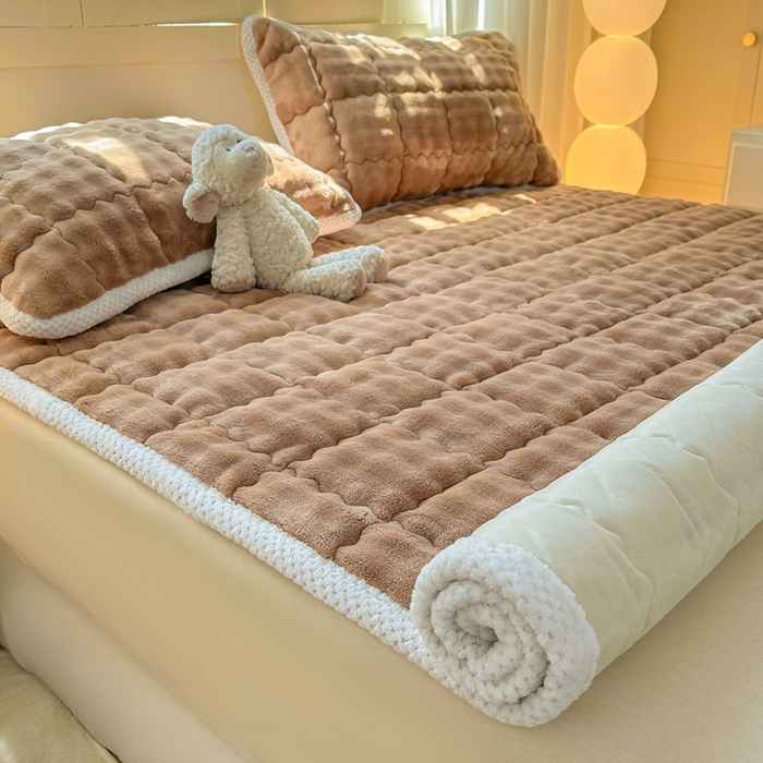 91家纺网 家纺一手货源 找家纺 蕾诺家纺 2025新款加厚泡泡兔绒夹棉床垫保护垫 温暖咖