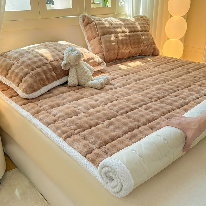 91家纺网 家纺一手货源 找家纺 蕾诺家纺 2025新款加厚泡泡兔绒夹棉床垫保护垫 温暖咖