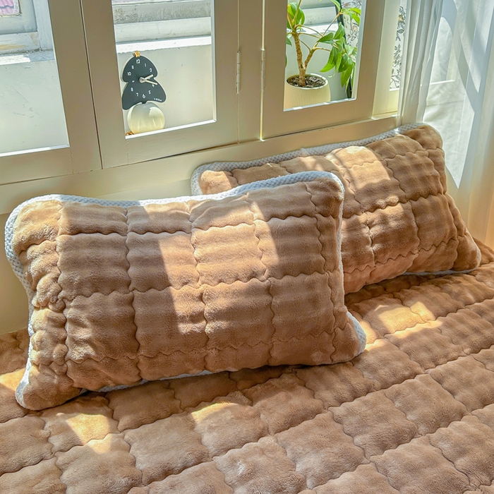 91家纺网 家纺一手货源 找家纺 蕾诺家纺 2025新款加厚泡泡兔绒夹棉床垫保护垫 温暖咖