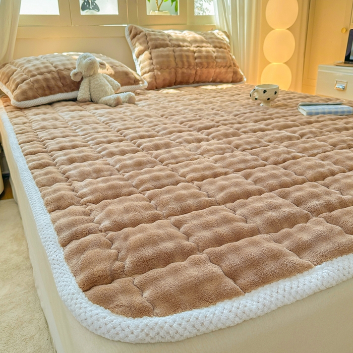 91家纺网 家纺一手货源 找家纺 蕾诺家纺 2025新款加厚泡泡兔绒夹棉床垫保护垫 温暖咖