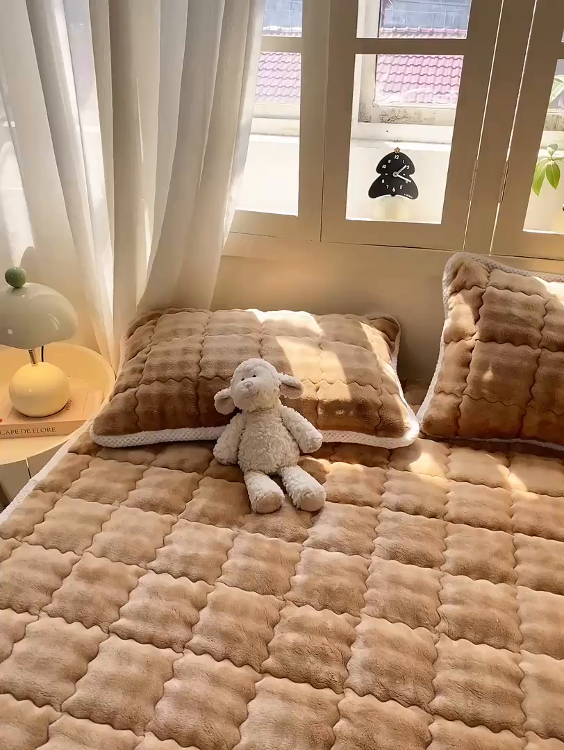 91家纺网 家纺一手货源 找家纺 蕾诺家纺 2025新款加厚泡泡兔绒夹棉床垫保护垫 温暖咖