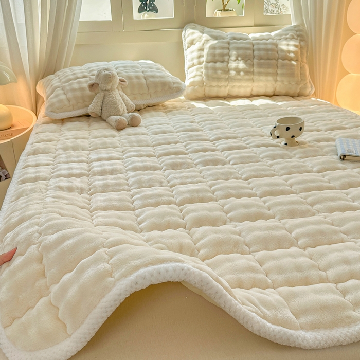 蕾诺家纺 2025新款加厚泡泡兔绒夹棉床垫保护垫 珍珠白