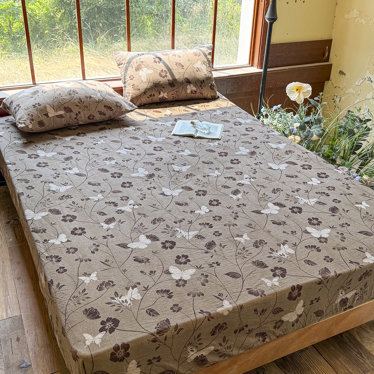 91家纺网 家纺一手货源 找家纺 仟网汇 2025新款高克重水洗亚麻复古原麻床笠 蝶之梦