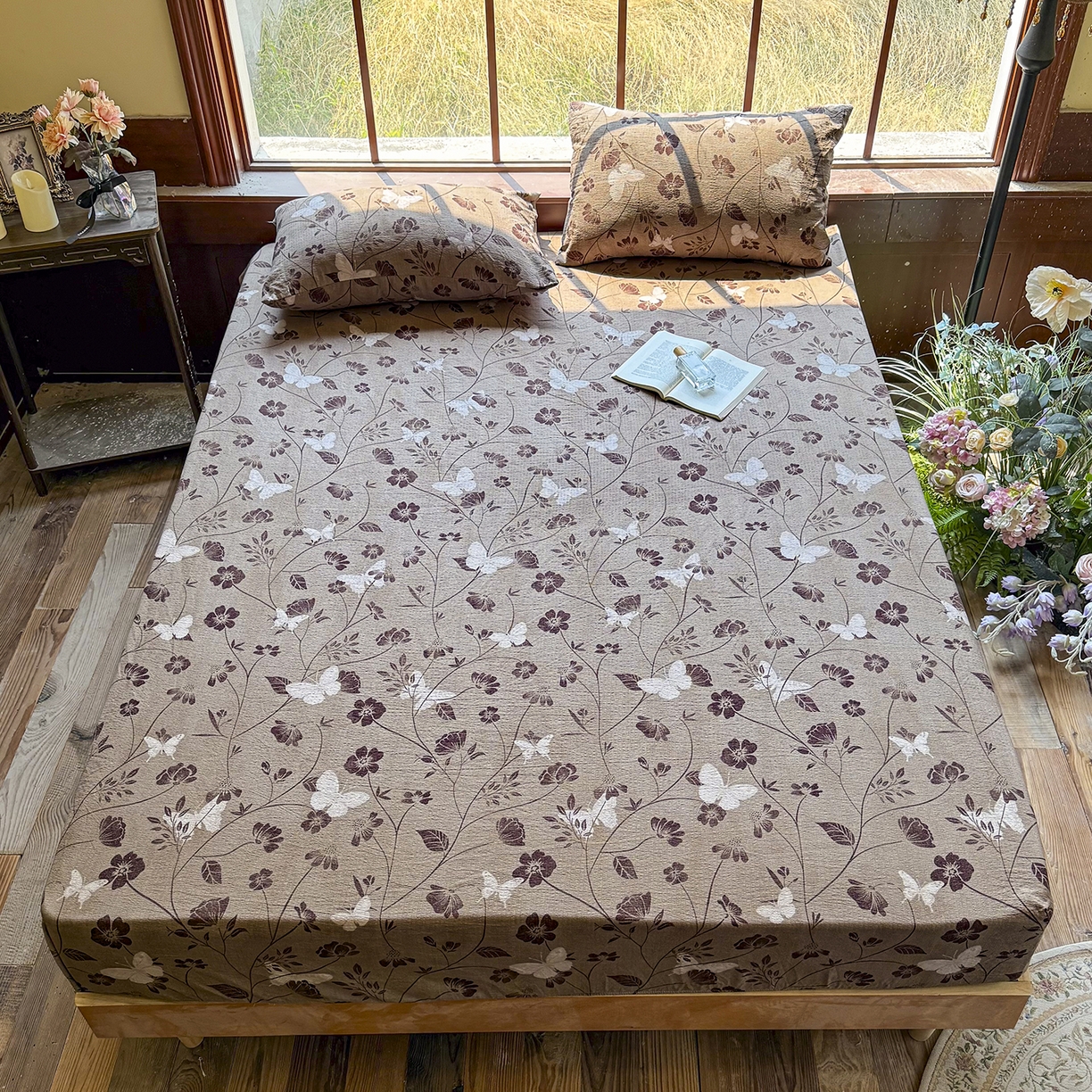 91家纺网 家纺一手货源 找家纺 仟网汇 2025新款高克重水洗亚麻复古原麻床笠 蝶之梦