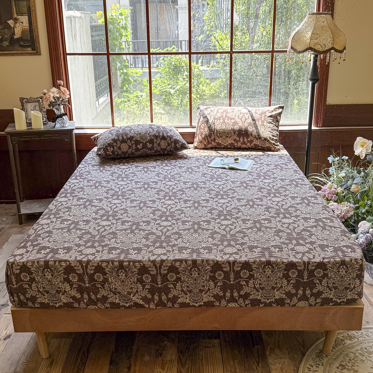 91家纺网 家纺一手货源 找家纺 仟网汇 2025新款高克重水洗亚麻复古原麻床笠 花夕棕