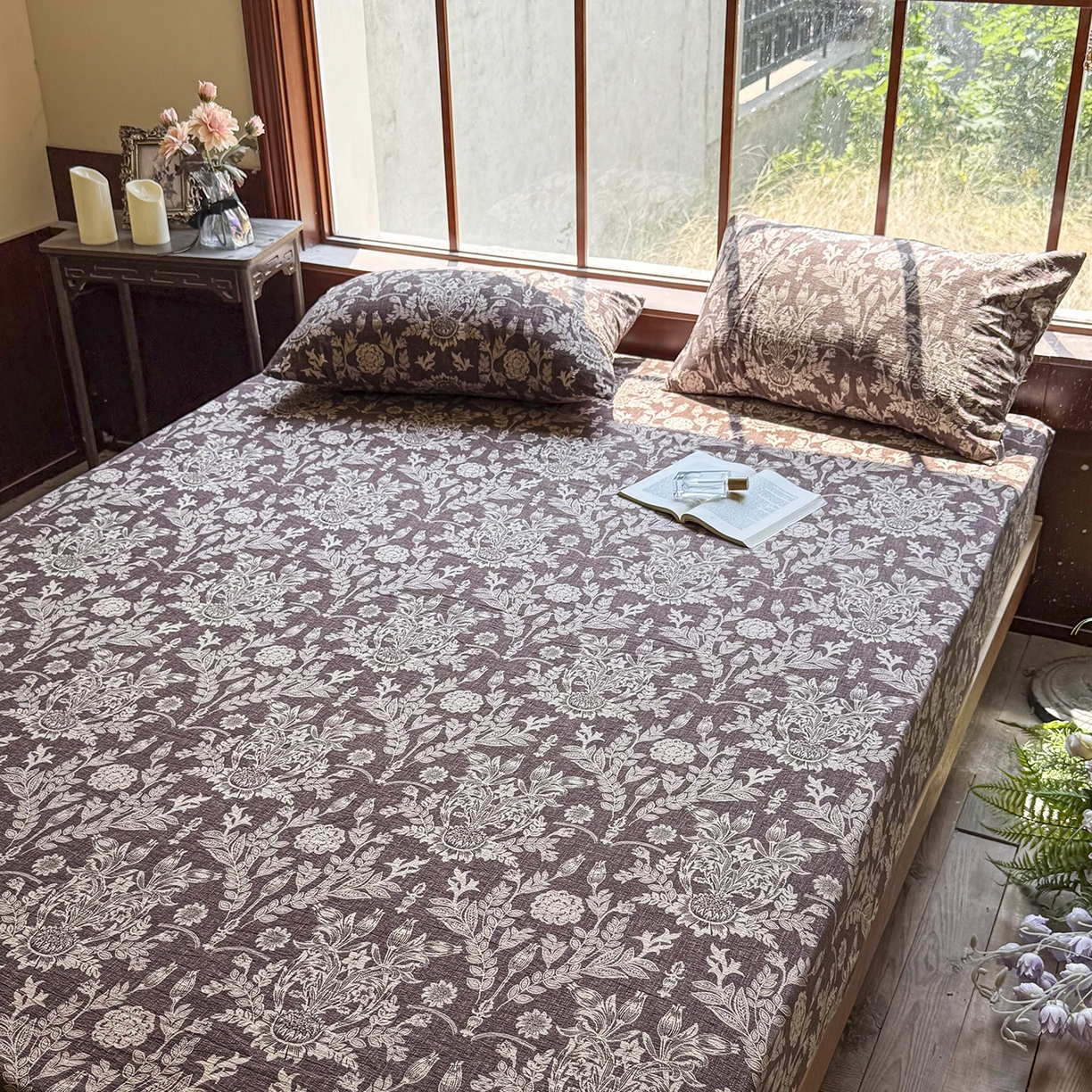 91家纺网 家纺一手货源 找家纺 仟网汇 2025新款高克重水洗亚麻复古原麻床笠 花夕棕