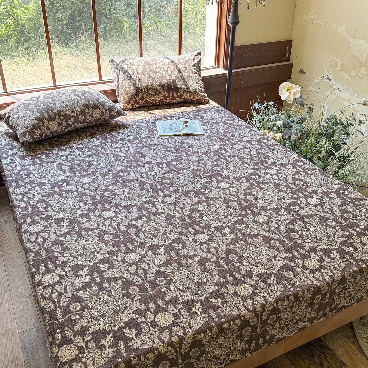 91家纺网 家纺一手货源 找家纺 仟网汇 2025新款高克重水洗亚麻复古原麻床笠 花夕棕