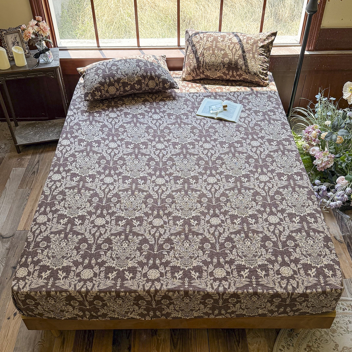 91家纺网 家纺一手货源 找家纺 仟网汇 2025新款高克重水洗亚麻复古原麻床笠 花夕棕