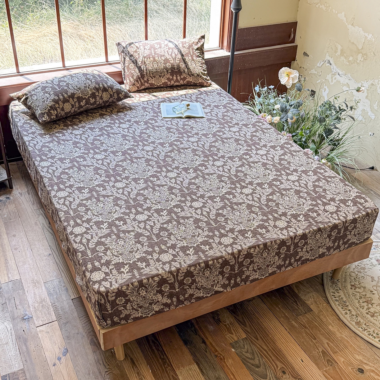 91家纺网 家纺一手货源 找家纺 仟网汇 2025新款高克重水洗亚麻复古原麻床笠 花夕棕