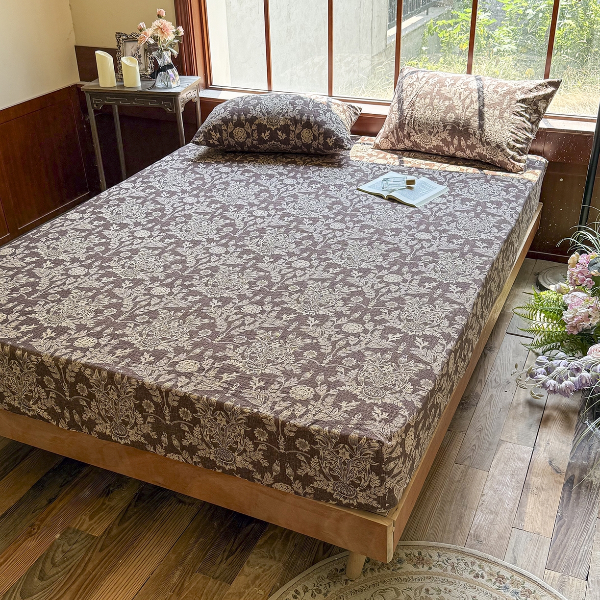 91家纺网 家纺一手货源 找家纺 仟网汇 2025新款高克重水洗亚麻复古原麻床笠 花夕棕