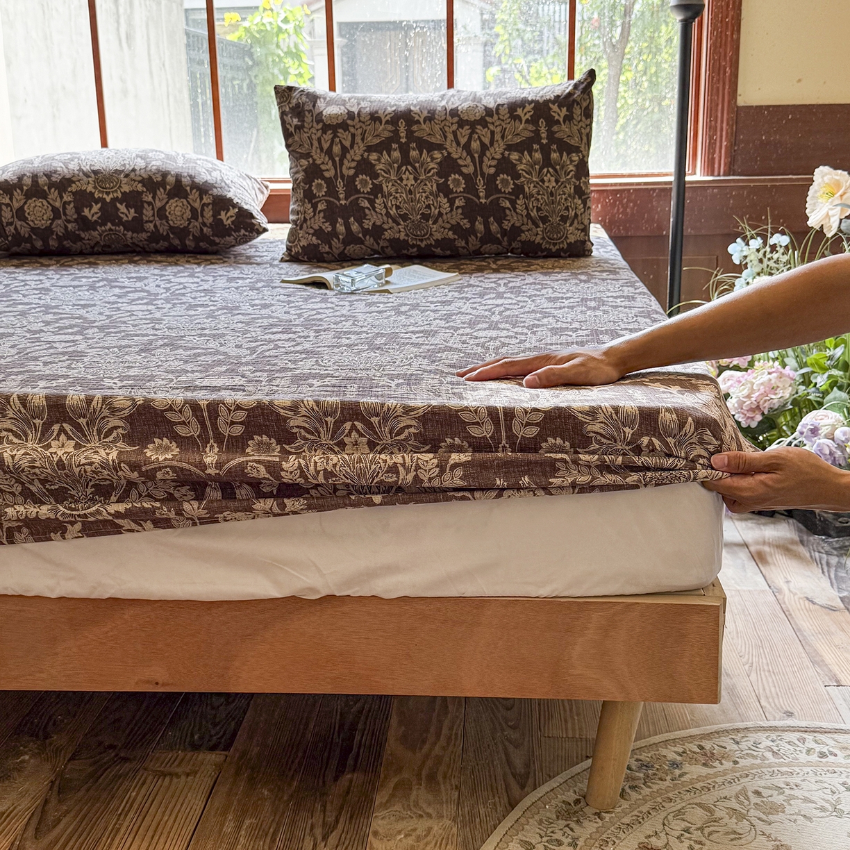 91家纺网 家纺一手货源 找家纺 仟网汇 2025新款高克重水洗亚麻复古原麻床笠 花夕棕