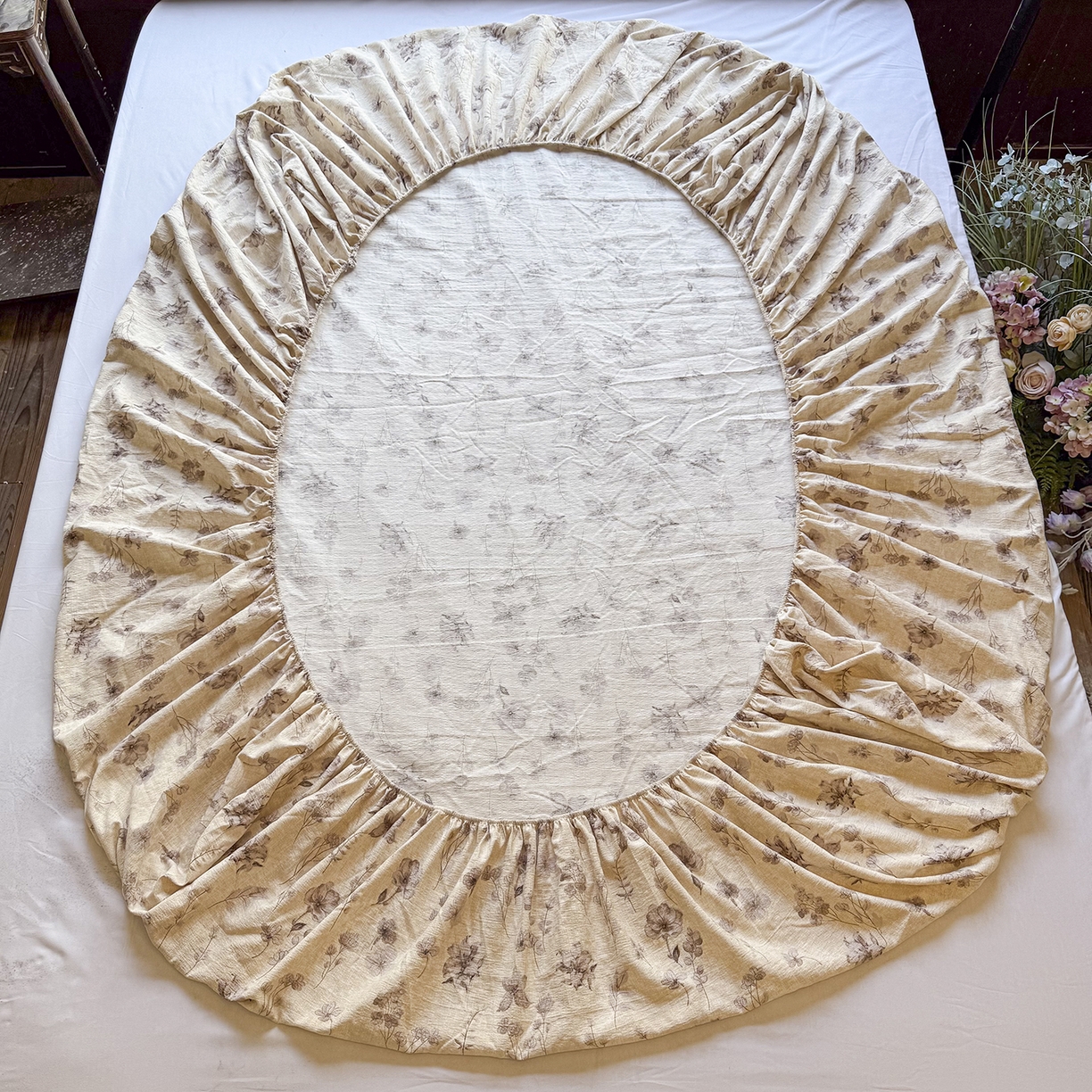 91家纺网 家纺一手货源 找家纺 仟网汇 2025新款高克重水洗亚麻复古原麻床笠 墨色花语