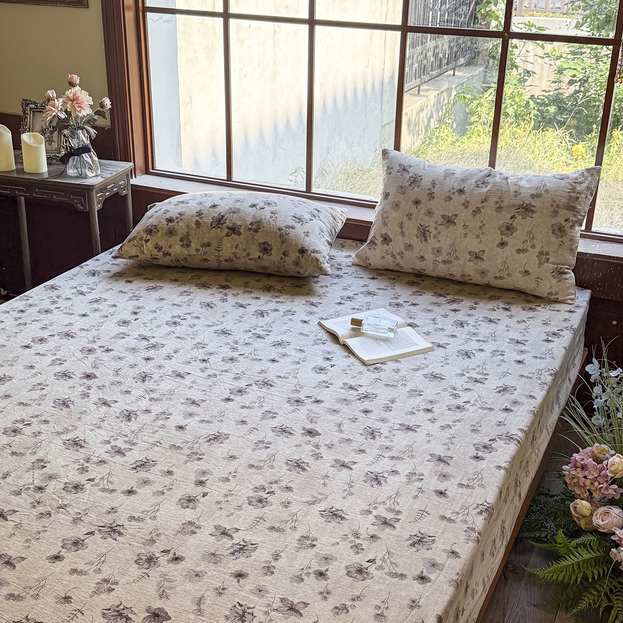 91家纺网 家纺一手货源 找家纺 仟网汇 2025新款高克重水洗亚麻复古原麻床笠 墨色花语