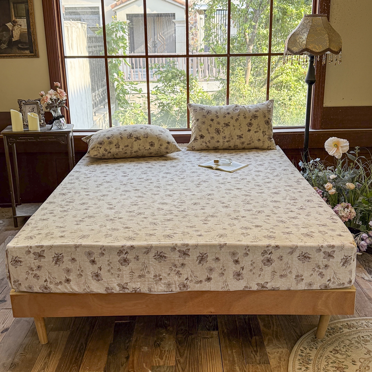 91家纺网 家纺一手货源 找家纺 仟网汇 2025新款高克重水洗亚麻复古原麻床笠 墨色花语