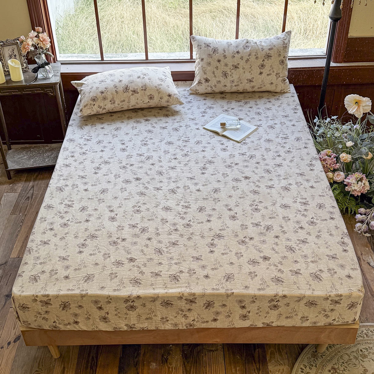 91家纺网 家纺一手货源 找家纺 仟网汇 2025新款高克重水洗亚麻复古原麻床笠 墨色花语