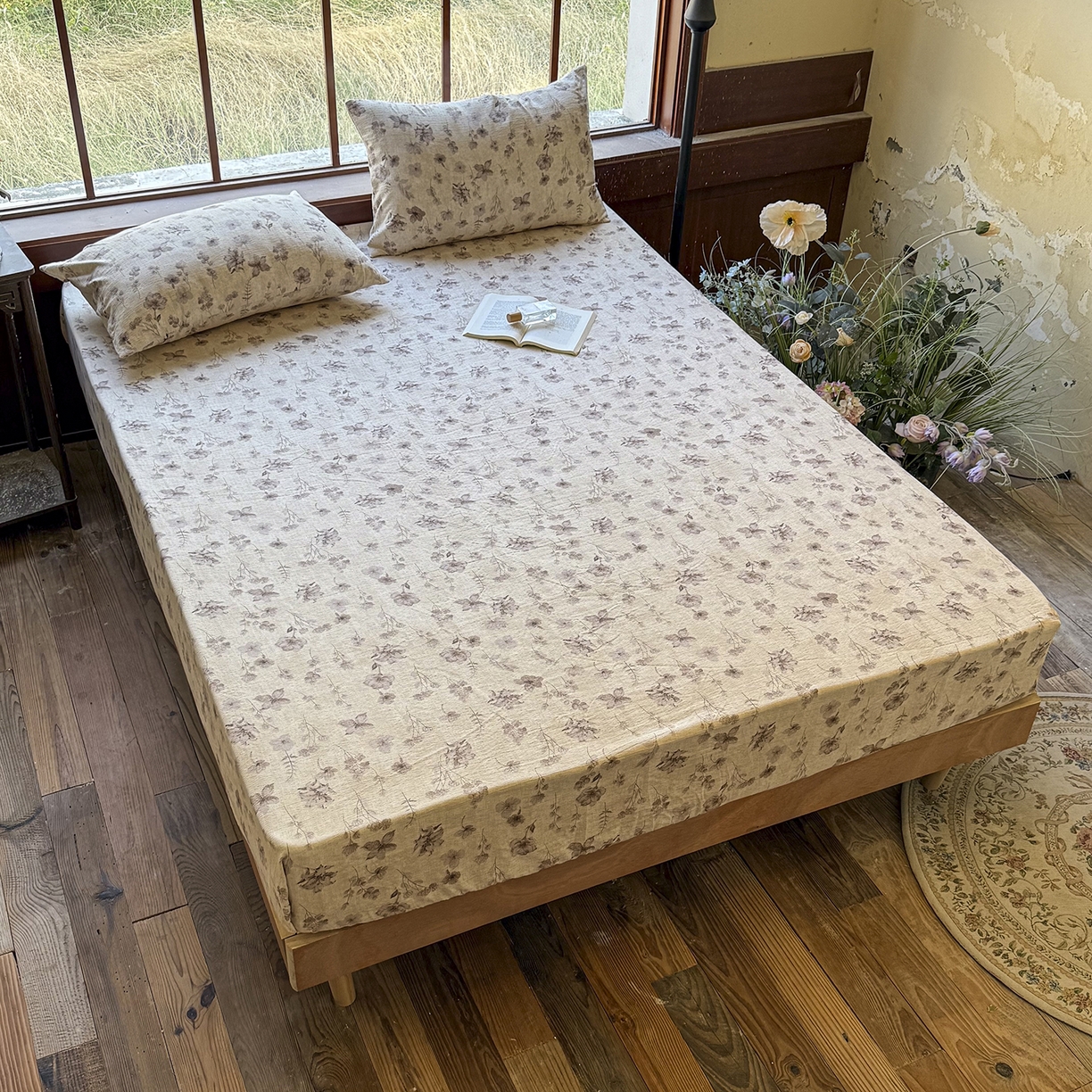 91家纺网 家纺一手货源 找家纺 仟网汇 2025新款高克重水洗亚麻复古原麻床笠 墨色花语