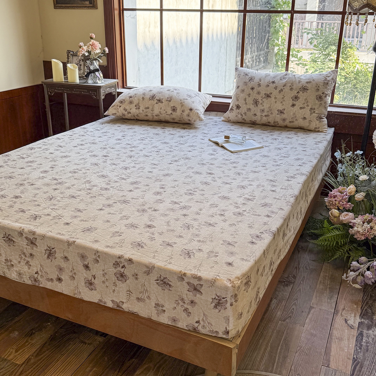 91家纺网 家纺一手货源 找家纺 仟网汇 2025新款高克重水洗亚麻复古原麻床笠 墨色花语