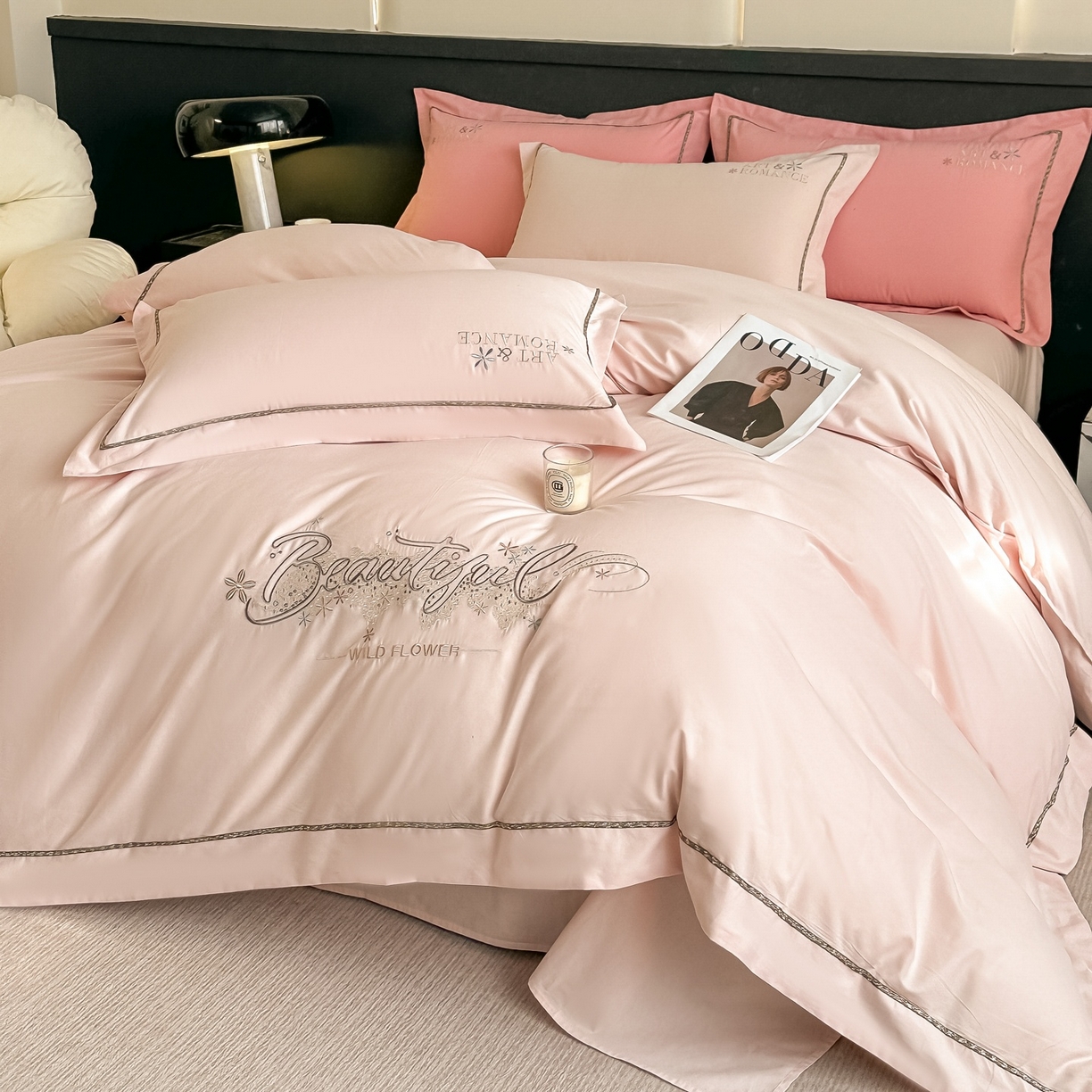 91家纺网 家纺一手货源 找家纺 博之洋婚庆 2025新款全棉纯棉长绒棉贡缎磨毛刺绣四件套不掉毛【高端礼盒】绽放系列 玫瑰杏