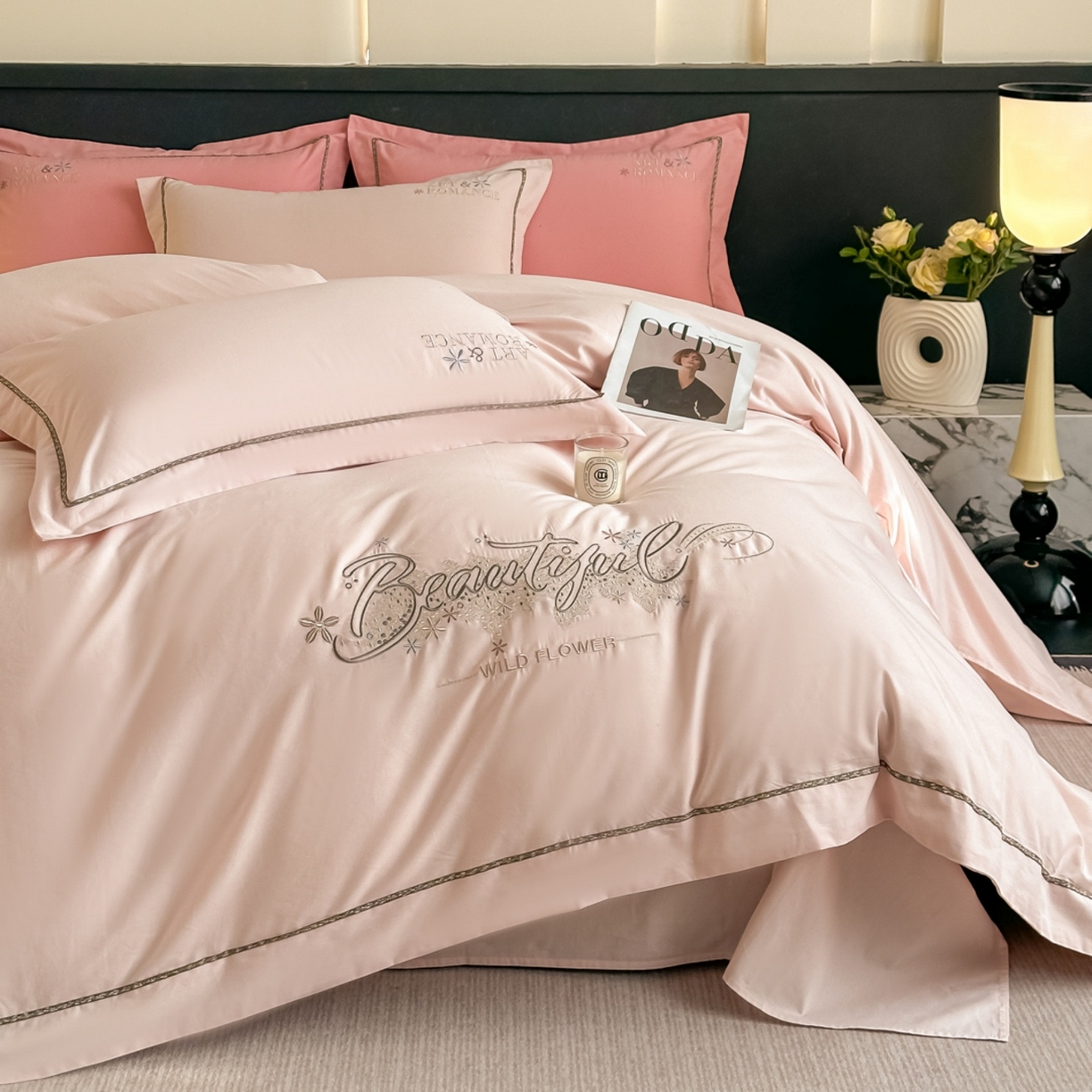 91家纺网 家纺一手货源 找家纺 博之洋婚庆 2025新款全棉纯棉长绒棉贡缎磨毛刺绣四件套不掉毛【高端礼盒】绽放系列 玫瑰杏