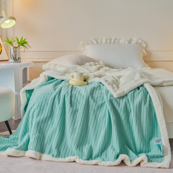 91家纺网 家纺一手货源 找家纺 畅畅家纺 2025新款A面编织绒B面兔毛绒纯色春秋冬毛毯盖毯 湖水蓝
