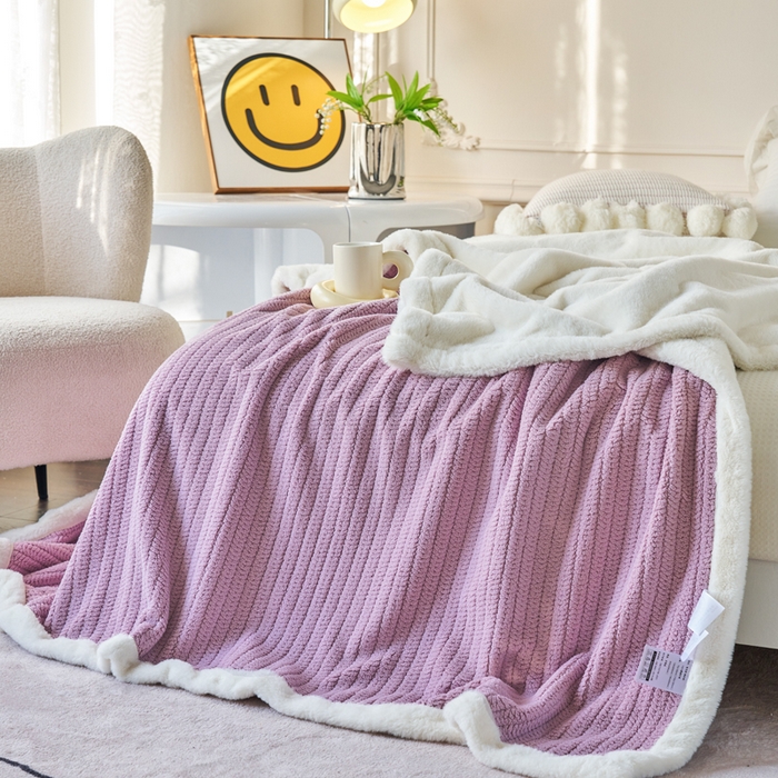 91家纺网 家纺一手货源 找家纺 畅畅家纺 2025新款A面编织绒B面兔毛绒纯色春秋冬毛毯盖毯 芋泥紫