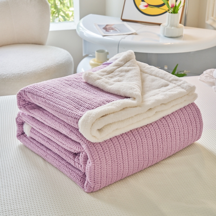 91家纺网 家纺一手货源 找家纺 畅畅家纺 2025新款A面编织绒B面兔毛绒纯色春秋冬毛毯盖毯 芋泥紫