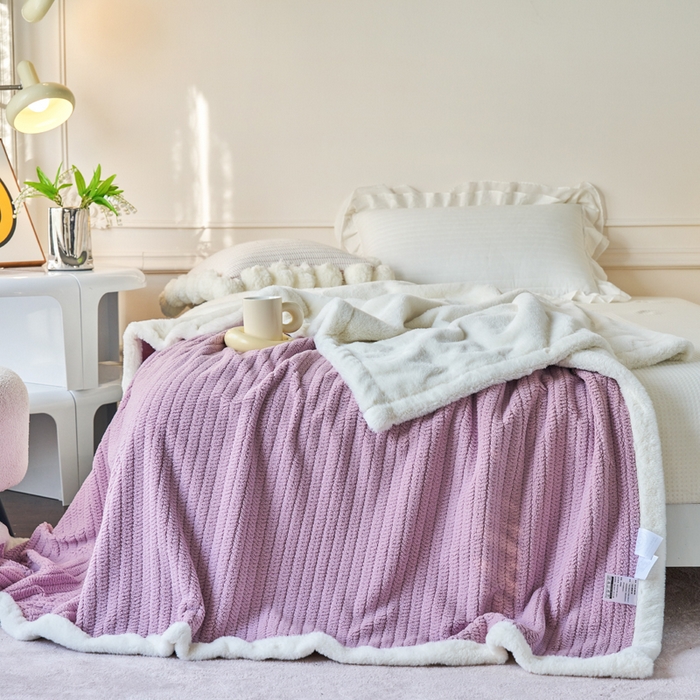 91家纺网 家纺一手货源 找家纺 畅畅家纺 2025新款A面编织绒B面兔毛绒纯色春秋冬毛毯盖毯 芋泥紫